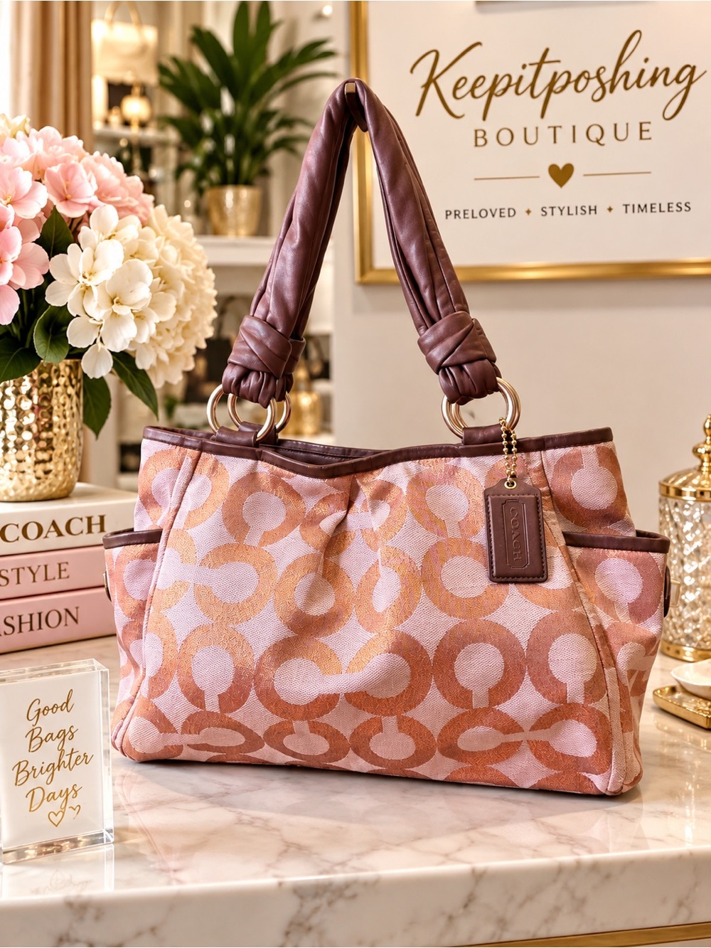 Coach Pink & Brown Signature Canvas Shoulder Bag